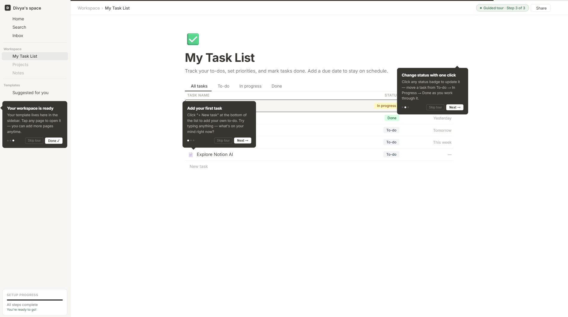 Guided Workspace screen